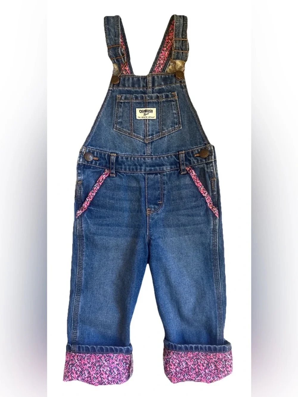 OshKosh B'gosh Blue Denim Overalls with Pink Floral Accents 2T